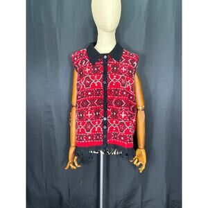 Vintage Susan Bristol Hand Embroidered Wool Button Up Vest, Plus Size, Fringe